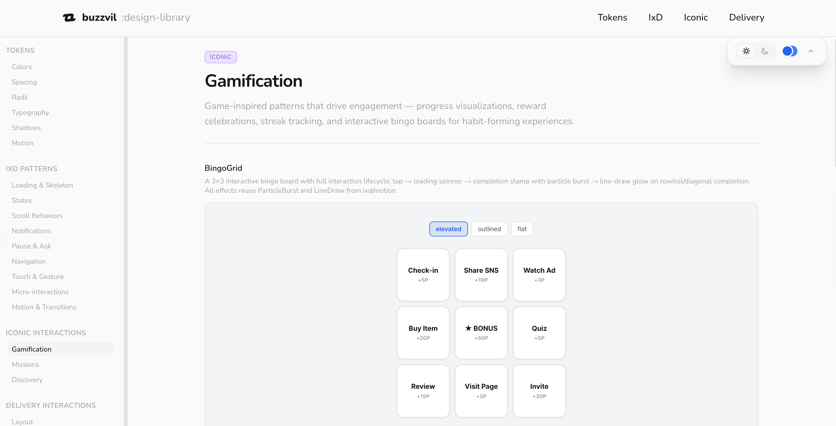 Gamification patterns from the design library — bingo grid, reward cells, and interaction styles