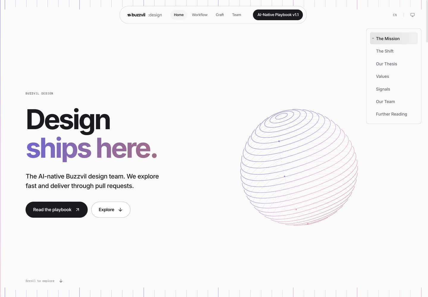 Buzzvil Design’s live homepage with its Design ships here statement, purple-to-pink typography and a wireframe sphere.