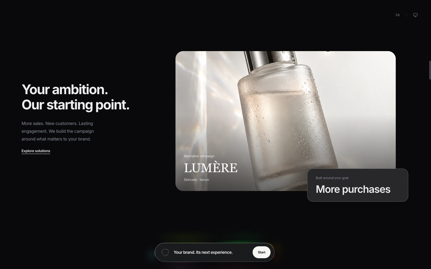 A moment in the homepage story pairs the fictional Lumière skincare brand with its goal: more purchases.