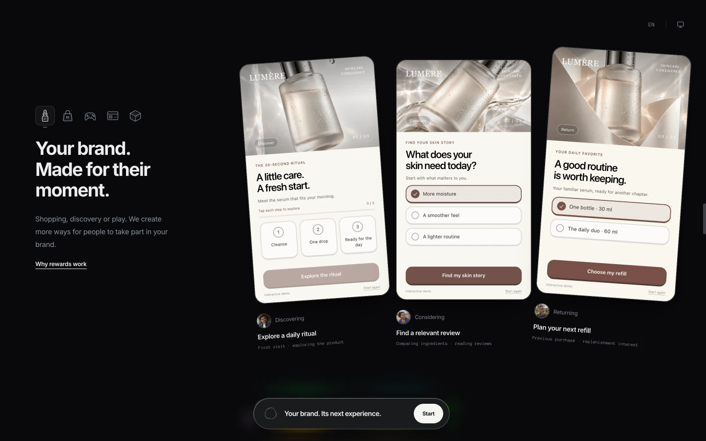 The homepage turns the same skincare brand into three phone-sized experiences: a discovery ritual, a skin-needs selector and a returning-customer refill choice.