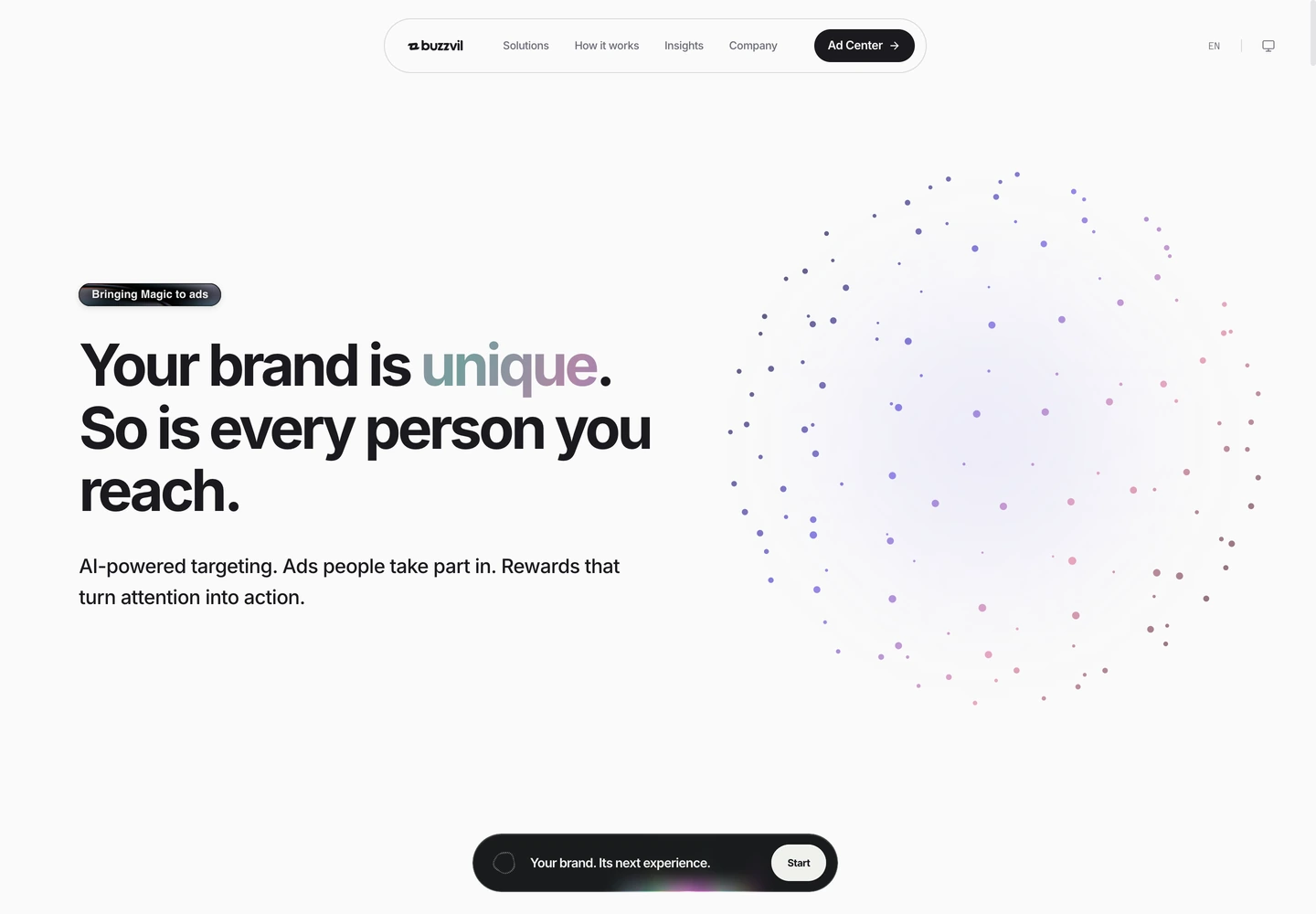 The Buzzvil homepage landing: Your brand is unique. So is every person you reach, beside a colored particle sphere on a light canvas.