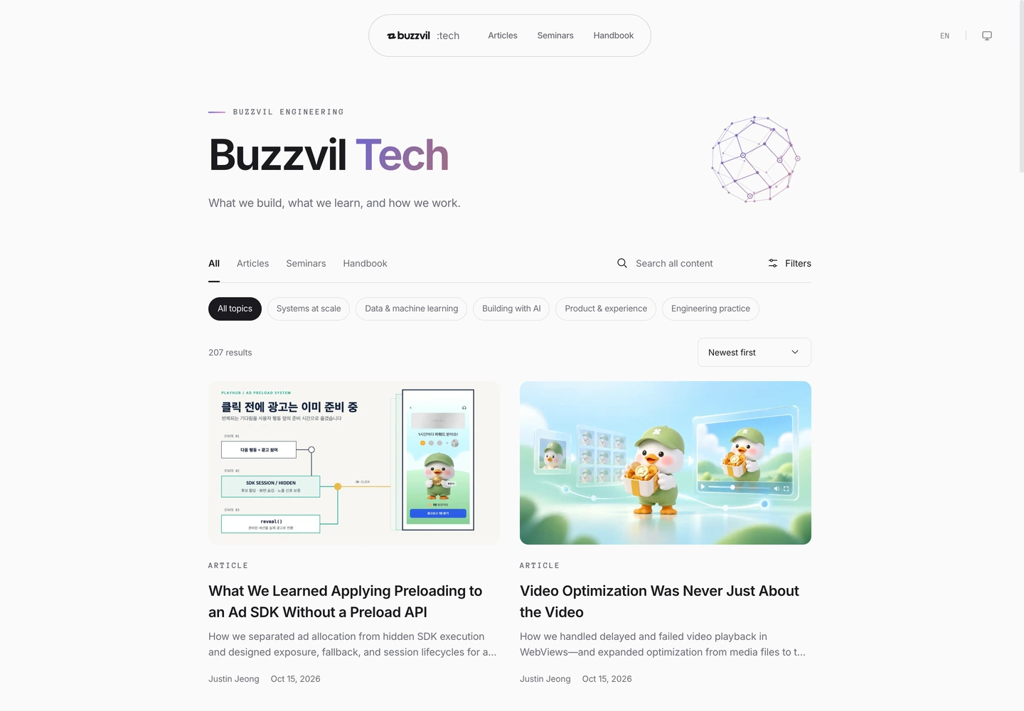 The live tech blog with a purple-to-pink title, geometric illustration, search, topic filters and recent engineering articles.