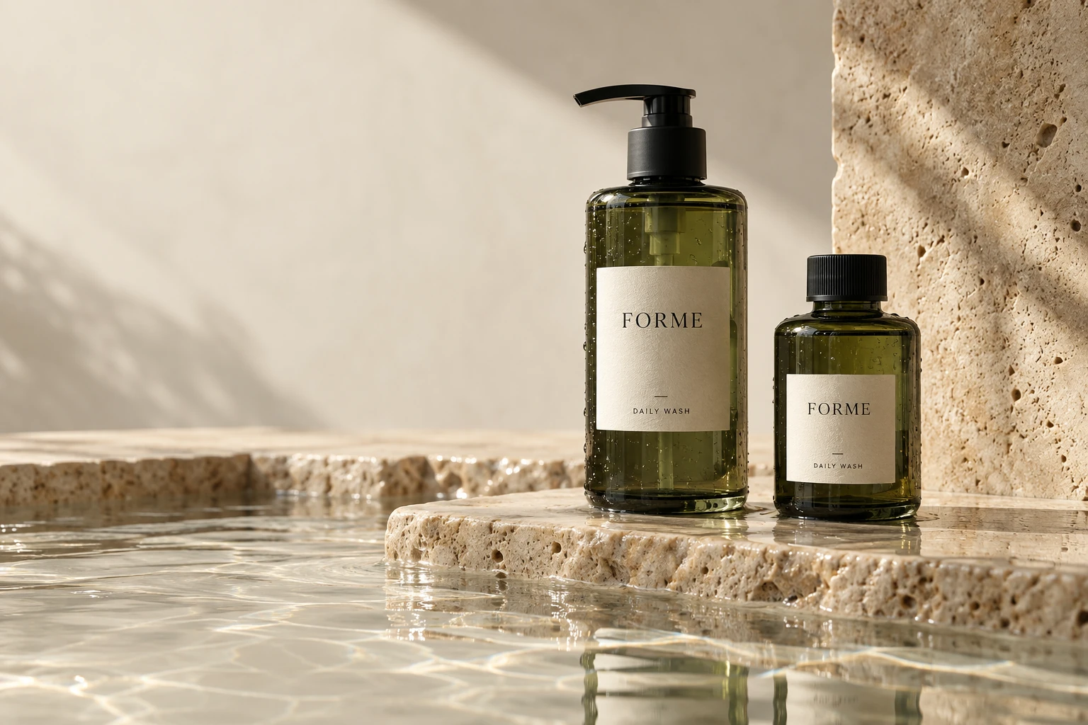 Editorial photograph of fictional FORME Daily Wash bottles on wet travertine.