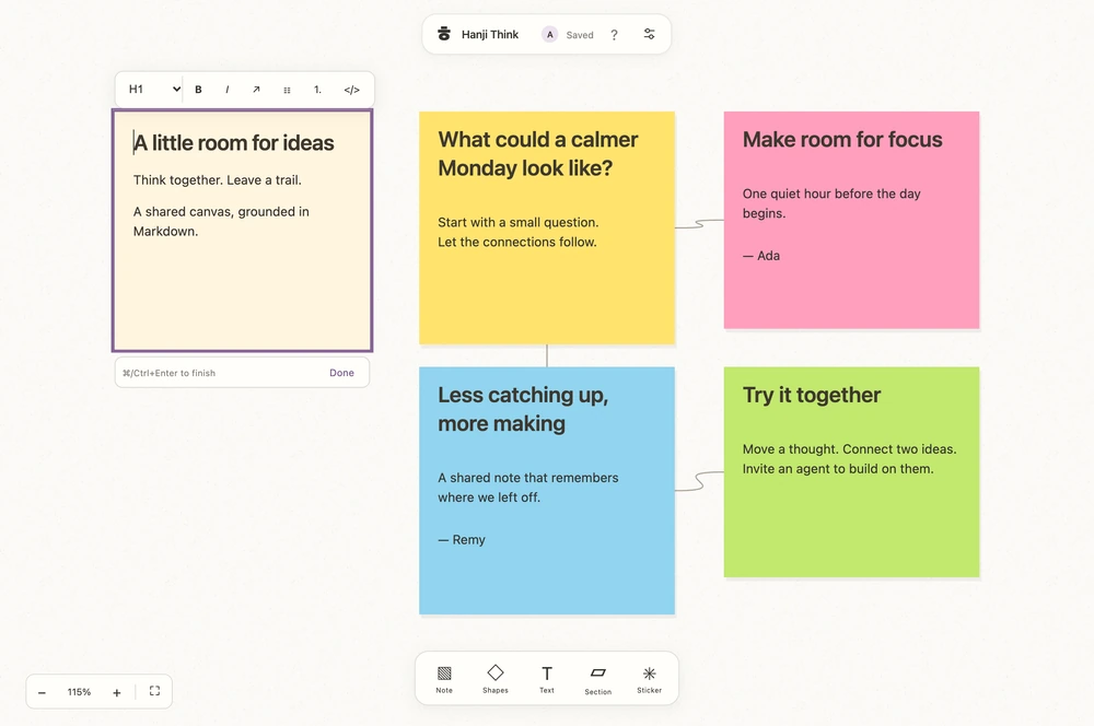 Think local prototype with connected fictional notes and a note being edited inline