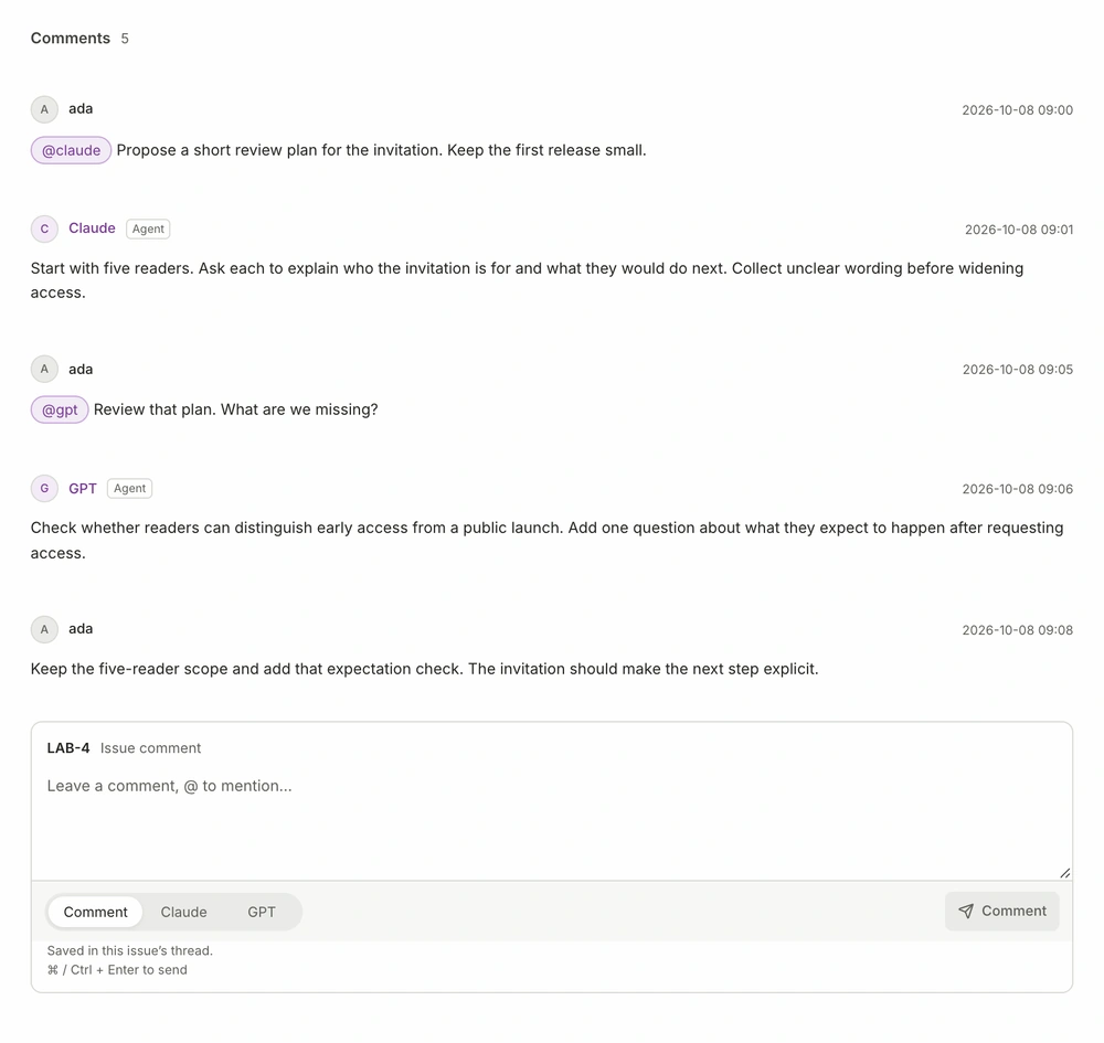 Work issue thread with attributed Claude and GPT answers, human direction, and agent recipient controls