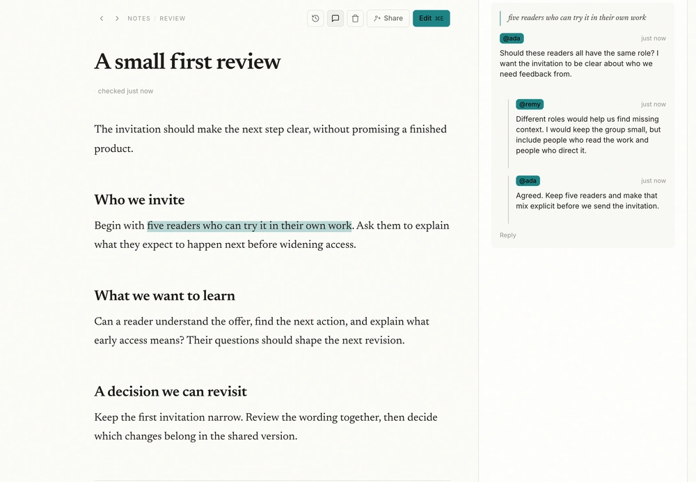 Write document with a highlighted passage and an anchored discussion between two reviewers